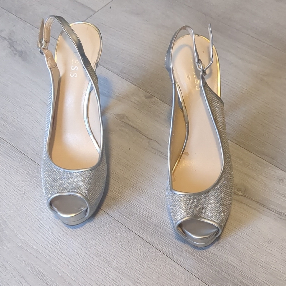 Guess Silver Peep-Toe Slingback Heels